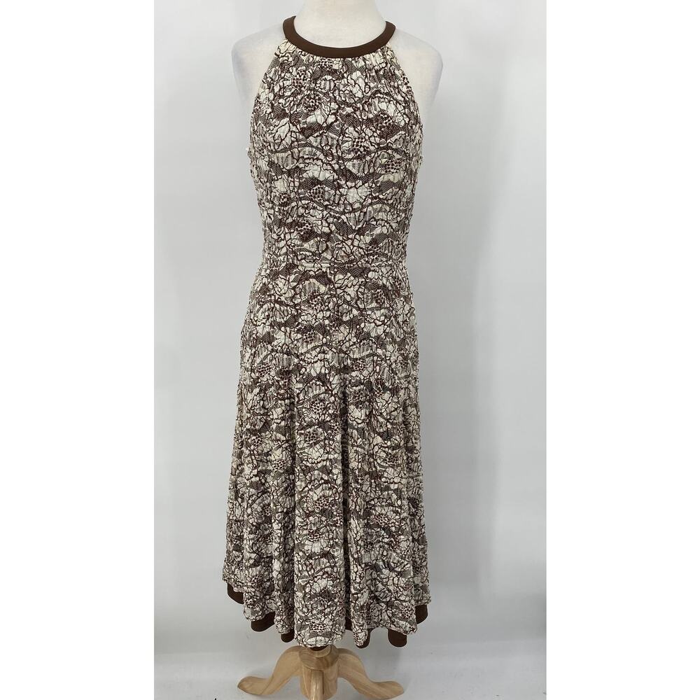 Vintage Joseph Ribkoff Midi Dress Lace Overlay Sleeveless High Neckline Brown M - Picture 2 of 7